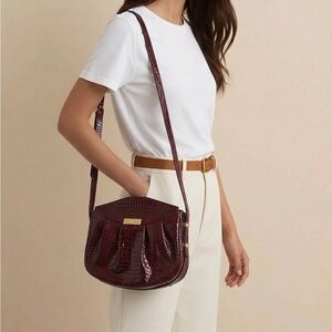 Courreges Paris leather burgundy croc-embrossed shoulder bag purse